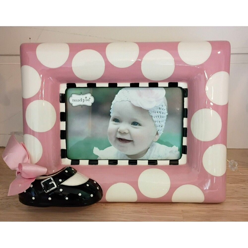 Mudpie Ceramic Baby Girl Photo Picture Frame Pink Polka Dot Bootie Nursery Deco